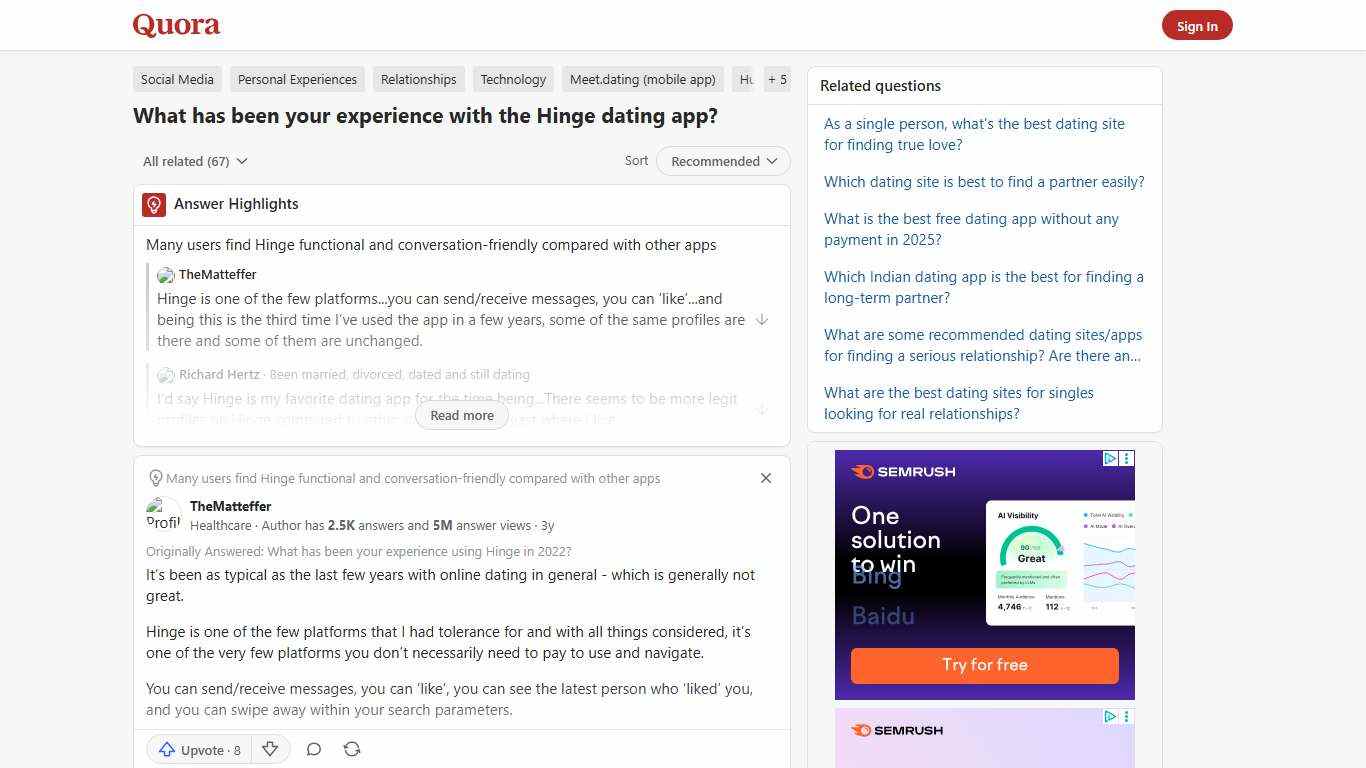 What has been your experience with the Hinge dating app? - Quora
